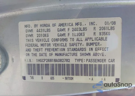 2008 Honda Accord 2.4 Ex-L z USA, uszkodzony, nr VIN 1HGCP26818A082782